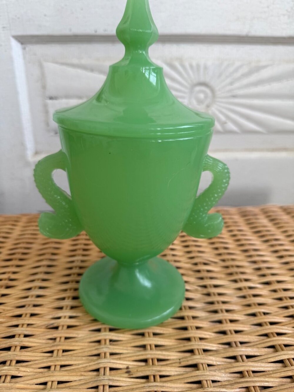 Antique 20's Fenton 1532 Jadite Glass Covered Candy Jar with Dolphin Handles